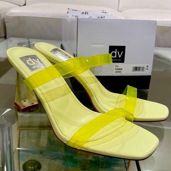 NWT DOLCE VITA lemon yellow jelly strap flared high heel mule square toe 7.5 or7 - Picture 1 of 12
